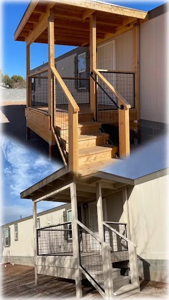 Before and after of porch stairs: weathered gray wood below, freshly stained warm wood above